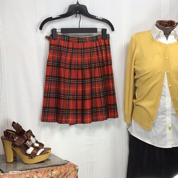 VTG Cambridge Dry Goods Red Tartan Plaid Pleated Wrap Mini Skirt - Picture 12 of 13